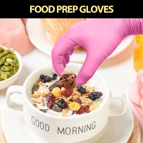 Miniatura 3 de Paquete de 100 guantes desechables de vinilo rosa, sin látex y sin energía, guantes de examen de grado alimenticio para limpieza, preparación