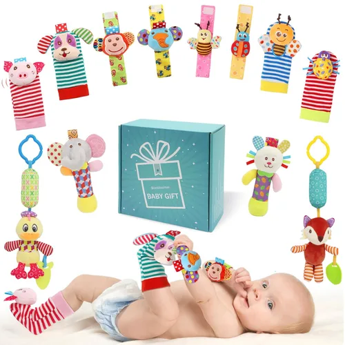 Miniatura 17 de Bloobloomax Juego de calcetines suaves para bebé, sonajero y muñequera, sonajero para bebés, juguetes de peluche de algodón y felpa, regalo