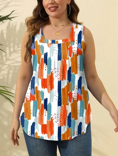 Miniatura 55 de Saloogoe - Camisetas sin mangas veraniegas para mujeres, plisadas con cuello cuadrado y dobladillo curvado, blusas de ajuste holgado con movimiento