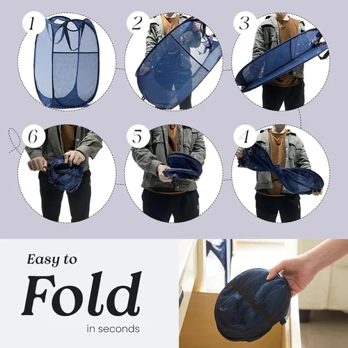 Miniatura 7 de TECHMILLY Cesta plegable de malla para la ropa sucia con asas resistentes y bolsillo lateral, cestas plegables portátiles para ropa para dormitorio