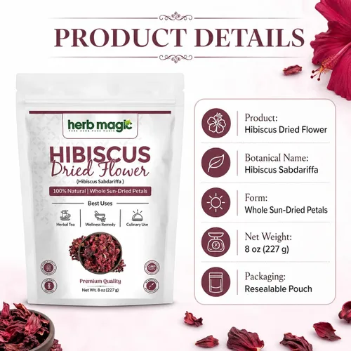 Miniatura 6 de Flores secas de hibisco perfectas para té y agua fresca mexicana, flor de jamaica, flores enteras y pétalos Herbmagic