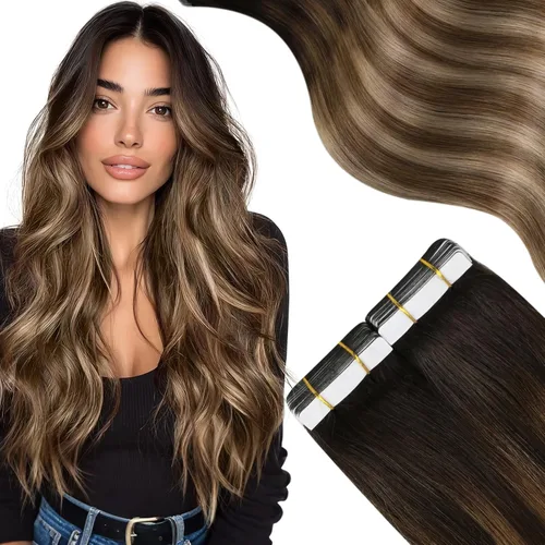 Miniatura 27 de Moresoo Extensiones adhesivas de cabello humano degradado, balayage, mezcla de marrón oscuro con extensiones de color marrón medio, extensiones