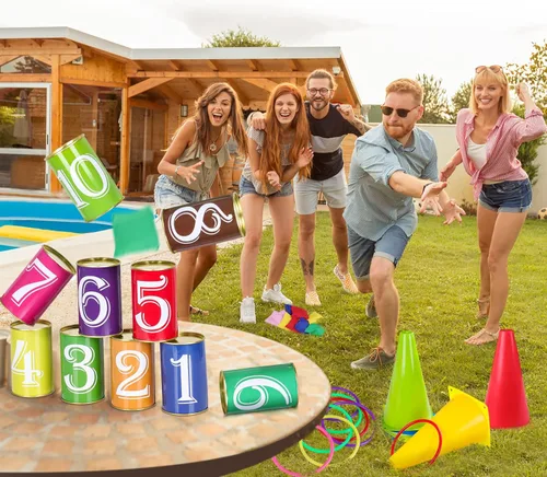 Miniatura 2 de Juego de 36 juegos de carnaval 4 en 1 para lanzar bolsas de frijoles de plástico, juego de lanzamiento de anillo de cono de plástico para interiores