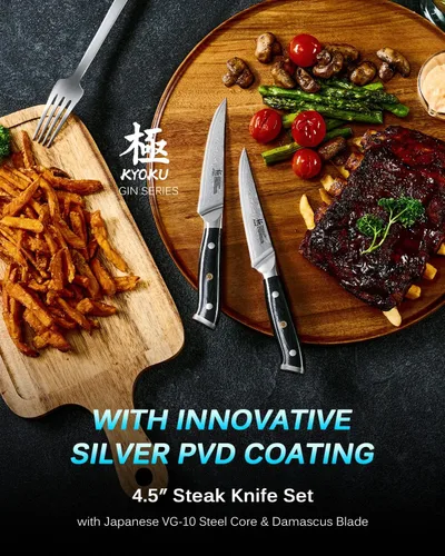 Miniatura 2 de Juego de 4 cuchillos para carne de la serie Gin de KYOKU, cuchillos para carne de 4.5", juego de cuchillos de cocina de acero inoxidable damasco