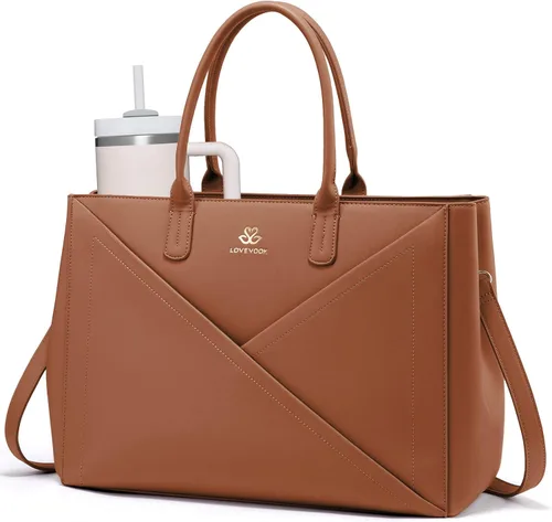 LOVEVOOK Bolsa de mano para laptop para mujer con soporte para tazas grande, bolsa de trabajo de piel sintética de 16 pulgadas, bolsa de mano para