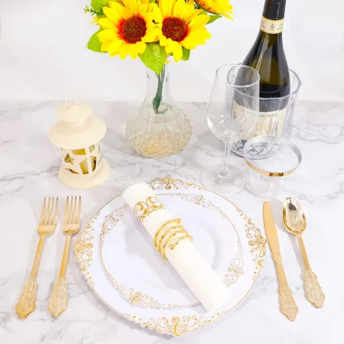Miniatura 7 de Liacere 50 platos de plástico dorado – platos desechables de postre – platos dorados y blancos de 7.5 pulgadas – Platos de plástico blanco y dorado