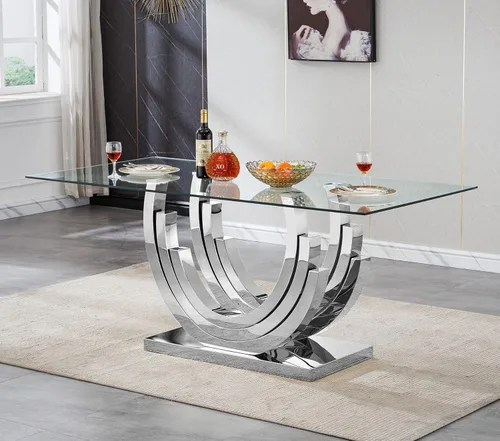 Miniatura 13 de Mesa de comedor de vidrio de 70 pulgadas para 4-8 personas, parte superior de vidrio templado y base de acero inoxidable en U dorada, escritorio