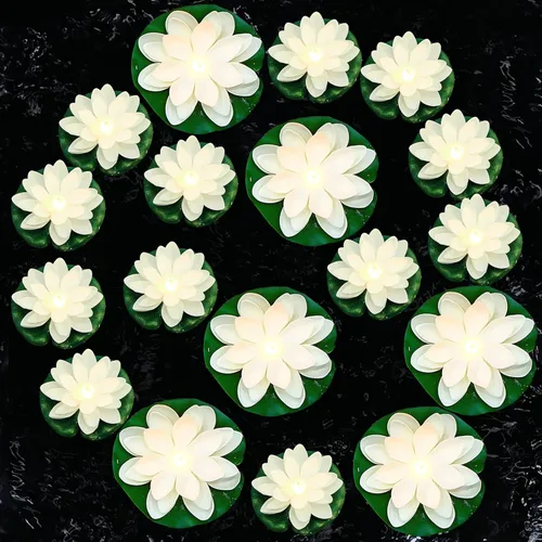 Miniatura 14 de Hortsun 9 luces flotantes de loto con pilas, almohadillas de lirio, flores de piscina, velas flotantes, decoración de plantas de estanque