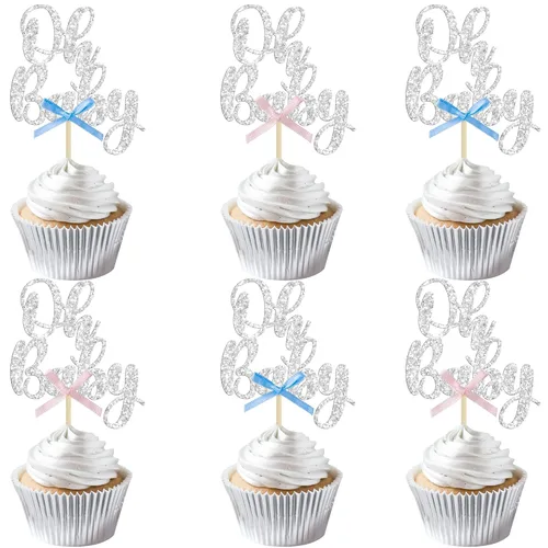 Miniatura 11 de Gyufise 36 piezas de decoraciones para cupcakes Oh Baby, arcoíris rosa y azul con purpurina, para baby shower, revelación de género, cupcakes para B