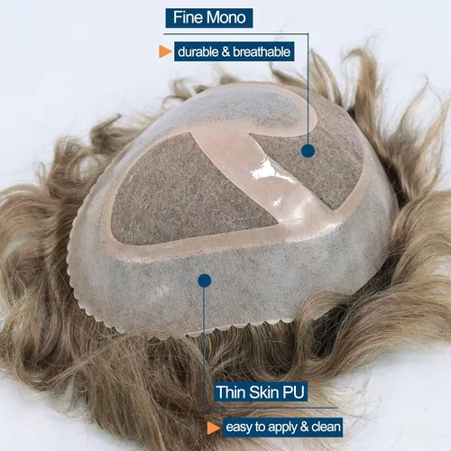 Miniatura 3 de HAPPY&CC Pelucas de cabello humano para hombre, pelucas de encaje mono con poliéster transparente alrededor de la pieza de cabello para hombres, #18