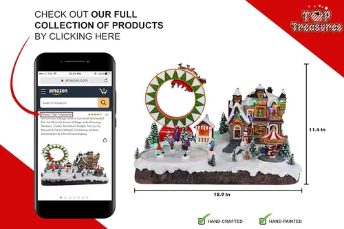 Miniatura 8 de Christmas Village Grand Carnival – Aldea musical animada de nieve preiluminada con patinadores en movimiento, trineo de renos de Papá Noel, tiovivo