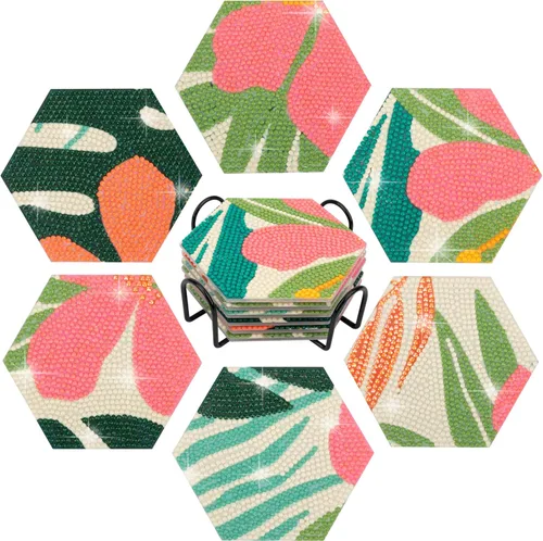 Temlum 6 Piezas de Posavasos de Pintura de Diamantes con Soporte, Posavasos de Arte de Diamantes con Flores, Kits Pequeños de Pintura de Diamantes