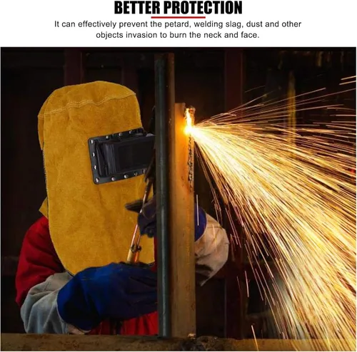 Miniatura 6 de Casco de soldadura de cuero de vaca dividido, con lente abatible, casco ajustable, capucha de soldadura de cuero de grano dividido resistente al