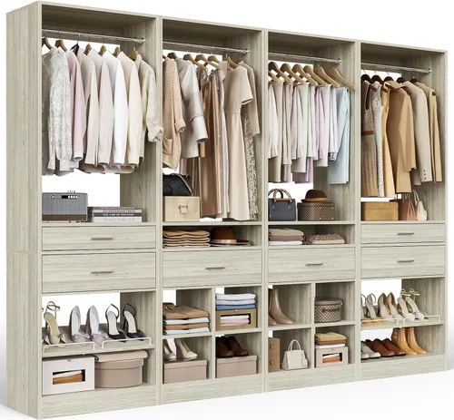 Miniatura 15 de Unikito Organizador de armario de 25 pulgadas de ancho x 80 pulgadas de alto, con barra para colgar y 2 cajones de madera, zapatero ajustable