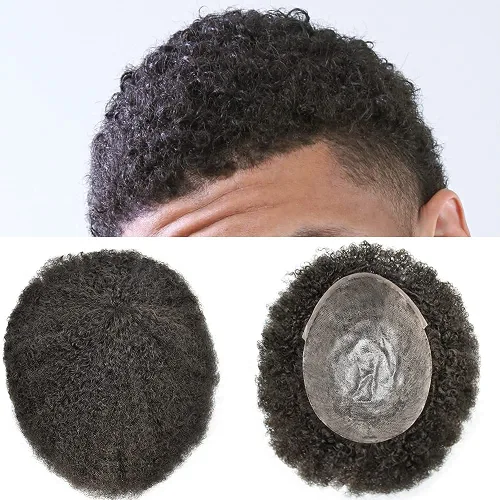 Miniatura 11 de Afro Toupee para hombres negros, inyección de poliuretano de piel de polietileno completo de 0.236 in, sistema de reemplazo de cabello humano