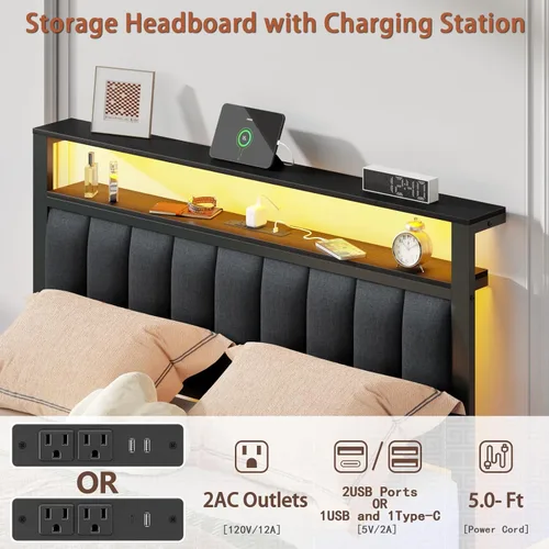 Miniatura 8 de Furnulem Marco de cama tamaño matrimonial con estación de carga y luces LED, cabecero tapizado en gris con estantes, cama de plataforma de metal