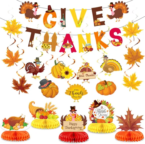 Blosssound 29 piezas de decoraciones de fiesta de Acción de Gracias – Centros de mesa de nido de abeja de hoja de arce de pavo y calabaza, pancartas