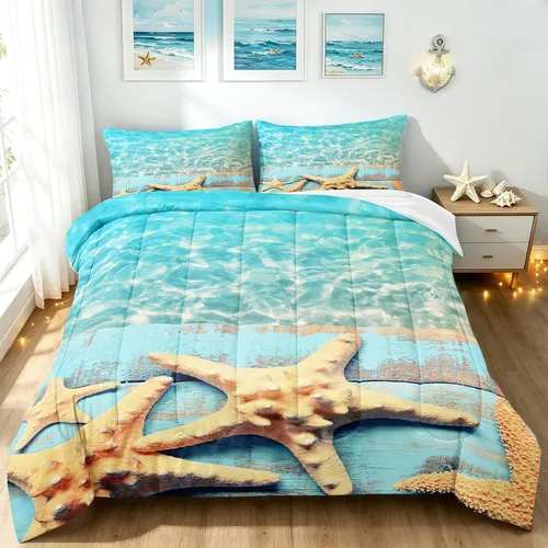 Miniatura 12 de BDUCOK Twin Size Ocean Starfish Comforter Set Teal Turquoise Beach Bedding with Seashell Print Coastal Nautical Bedroom Decor All Season 3005Twin