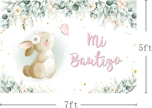 Miniatura 3 de MEHOFOND Telón de fondo de bautismo Mi Bautizo de 7 x 5 pies, Dios bendiga la primera comunión, conejito de bautizo, acuarela, rosa, floral, recién