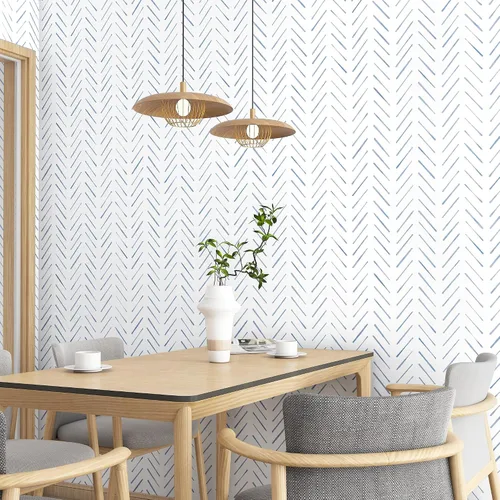 Miniatura 4 de Papel tapiz de rayas de espiga para despegar y pegar, papel tapiz de 17.3 x 78.8 pulgadas, papel de pared blanco y azul, papel de contacto bohemio