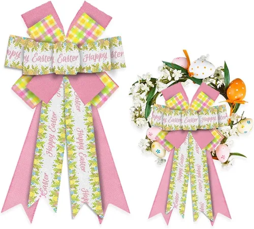 Miniatura 8 de Estivaux Arcos grandes de Pascua para corona, lazos de corona de Pascua, lazos de arpillera verde y blanco, huevos, lunares, conejos, gnomos, arcos