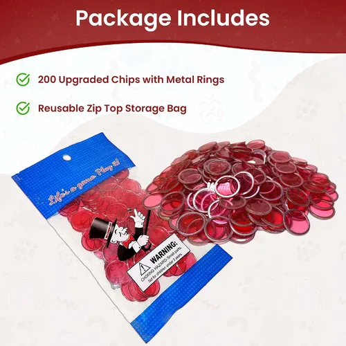 Miniatura 2 de MR CHIPS Chips de bingo magnéticos con anillo de metal de 3/4 pulgadas, 200 piezas mejoradas, rojo transparente, disponible en 7 colores, una bolsa