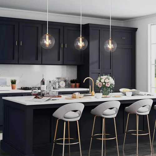 Miniatura 5 de Iluminación colgante dorada para isla de cocina, lámpara colgante moderna con pantalla de vidrio sembrado y cable transparente para vestíbulo