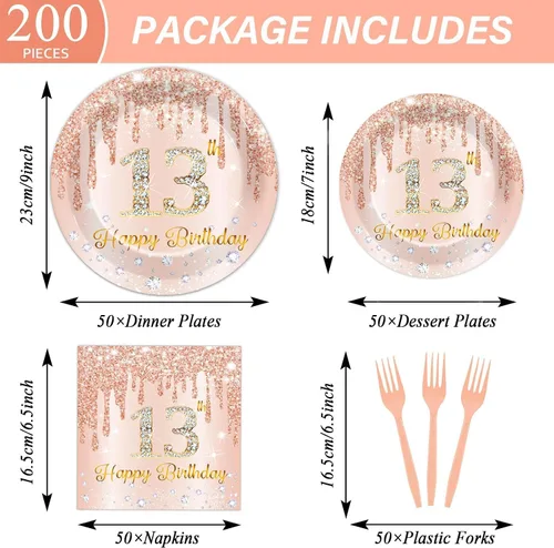 Miniatura 2 de 200 piezas de platos, servilletas y cubiertos de Rose Gold para fiesta de cumpleaños número 13, juego de vajilla rosa para la feliz decoración