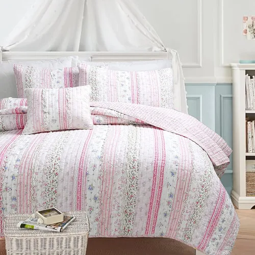 Miniatura 23 de Cozy Line Home Fashions Juego de ropa de cama acolchado reversible de niña con volantes rosa claro y azul de 100% algodón, colcha, cubrecama