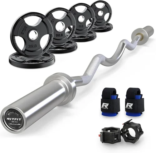 Miniatura 20 de RitFit Barra de rizo EZ de 2 pulgadas con pesas, barra olímpica de capacidad de 350 libras para bíceps y tríceps, entrenamiento de fuerza