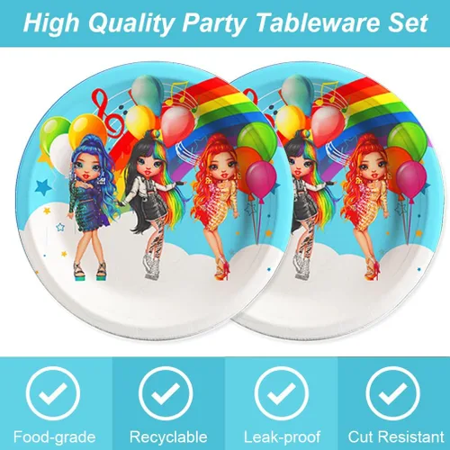 Miniatura 2 de 40 piezas de juguetes de fiesta Rainbow High Dolls incluyen 20 platos, 20 servilletas para decoración de fiesta de cumpleaños de muñecas Rainbow High