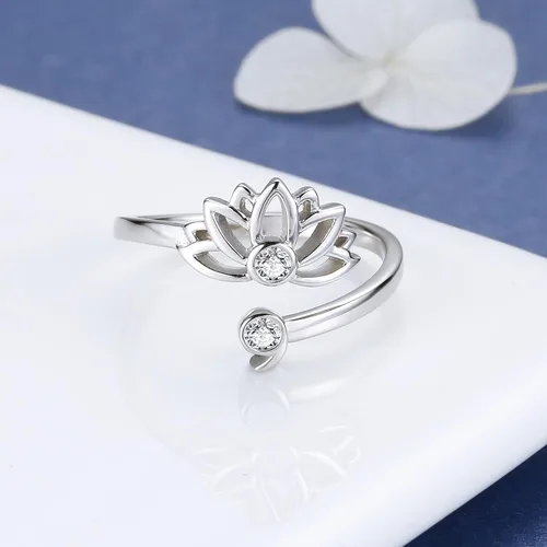 Miniatura 3 de MANBU Anillo de plata de ley con forma de loto y semicócolo Anillo ajustable con diseño de flor de loto, regalo inspirador para mujeres