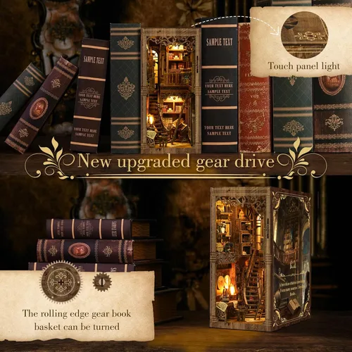 Miniatura 5 de Kit de rincón de libros – (edición clásica) – Rompecabezas de madera en miniatura de bricolaje Sala de colección de libros vintage con luces LED