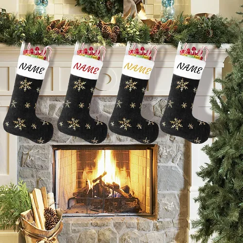 Miniatura 7 de Calcetines negros de piel sintética de Navidad, 1 paquete grande de 22 pulgadas, medias colgantes de felpa negra con nombre personalizado con copos