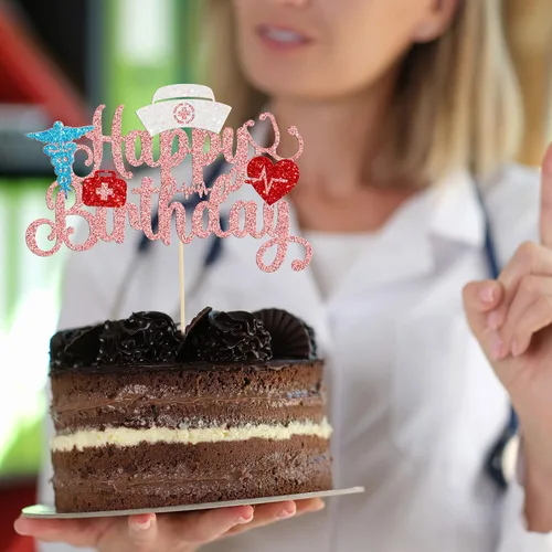Miniatura 6 de Gyufise Decoración para pastel de enfermería con purpurina para enfermera, feliz cumpleaños, selección de pastel médico, decoración de pasteles