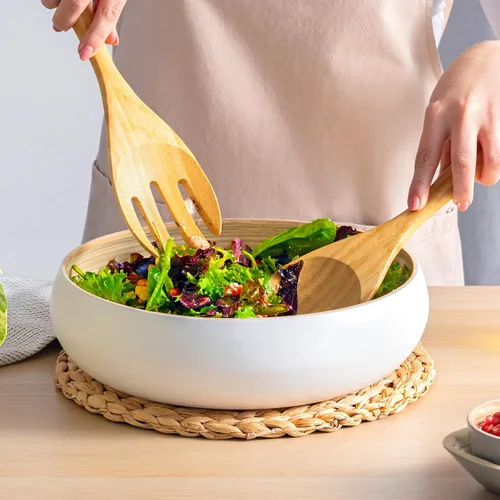 Miniatura 3 de Dehaus Servidores de ensalada de bambú extra grandes de 12 pulgadas - Cucharas de madera para servir ensaladas - Utensilios ecológicos - Manos