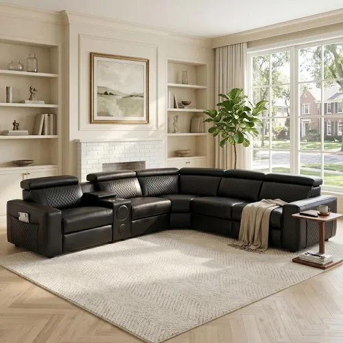 Miniatura 12 de Sofá Seccional Reclinable Eléctrico, Juego de Muebles de Sala en Forma de L, Sofá de Cuero Marrón Claro, Sofá Seccional Reclinable con Consola