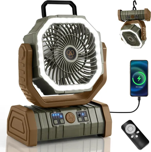 Miniatura 11 de Odoland Ventilador de camping de 30000 mAh con linterna LED, recargable, funciona con batería, oscilante con control remoto y gancho, ventilador