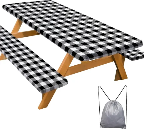 Miniatura 13 de Funda de mesa de picnic con fundas para bancos Esenciales de camping Mantel de picnic impermeable y a prueba de viento con bolsa de cordón, funda