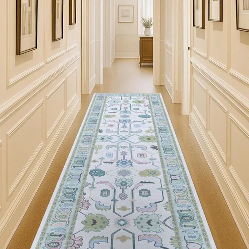 Miniatura 25 de Fame Living Alfombra Oushak Crema Azul, Alfombras Pequeñas Modernas, Vintage, Turca, Ecléctica, Floral, Pastel, Lavable, Tapete para Puerta, Felpudo