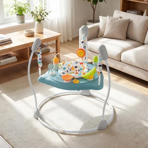 Miniatura 9 de BABY JOY Centro de actividades para bebés, puentes y gorilas con música, asiento giratorio de 360°, 3 alturas ajustables, centro de actividades Azul