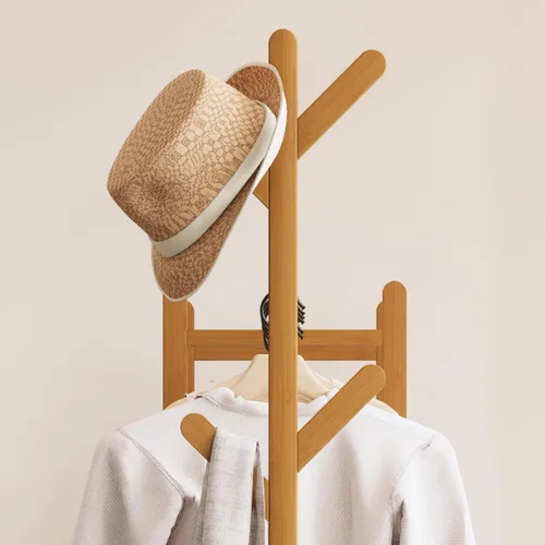 Miniatura 7 de Perchero de Ropa de Bambú, Perchero con Cajones y Estantes, Estantes de Almacenamiento de 5 Niveles con 6 Ganchos para Colgar, Armario Closet