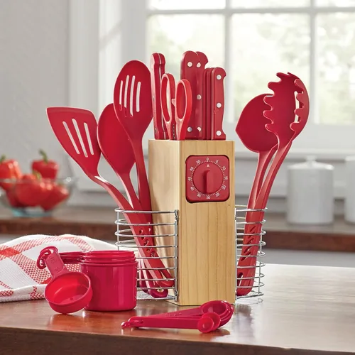 Miniatura 2 de Montgomery Ward Juego de 25 piezas de cubertería y utensilios, negro - Kit de preparación de cocina esencial para apartamento con cuchillos de mango