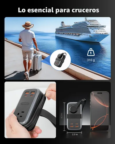 Miniatura 4 de NTONPOWER GAN Ultra Estación de Carga Rápida USB de 65W, Regleta de Energía de Viaje 7 en 1 con 3 Enchufes 4 USB (2 USB C), Cable de Extensión