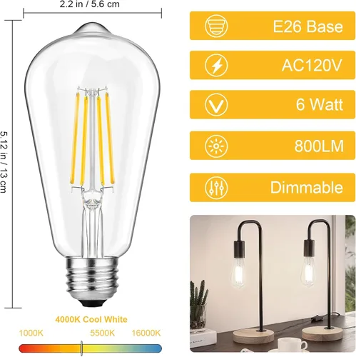 Miniatura 5 de Svater – Bombillas LED vintage con diseño Edison, 6 vatios equivalentes a 60 vatios, luz blanca neutra de alta luminosidad 4000K, bombillas