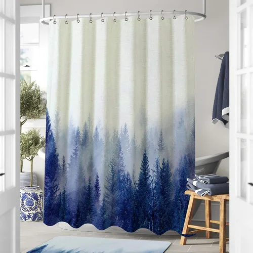 Miniatura 2 de ORTIGIA Cortinas de ducha de lino con diseño de bosque brumoso para baño, cortina de ducha de bosque natural azul, cortina de baño con textura