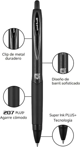 Miniatura 4 de Uniball™ 207 Plus+ Bolígrafos de gel retráctiles, punta media (0.028 in), tinta negra, paquete de 12 Negro