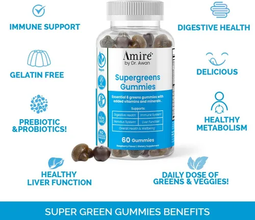 Miniatura 3 de Amire by Dr. Awan Super Greens Gomitas, suplemento de frutas y verduras, superalimento verde para la inmunidad, metabolismo, función hepática