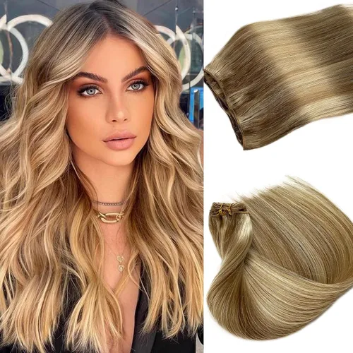 Miniatura 16 de Extensiones de cabello humano real con trama cosida, atadas a mano, color rubio ceniza a rubio con reflejos, extensiones cosidas con trama