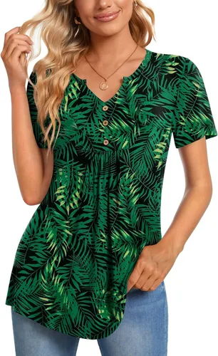 CATHY Blusa tipo túnica de manga corta para mujer, cuello en V, con botones, informal, plisada, básica